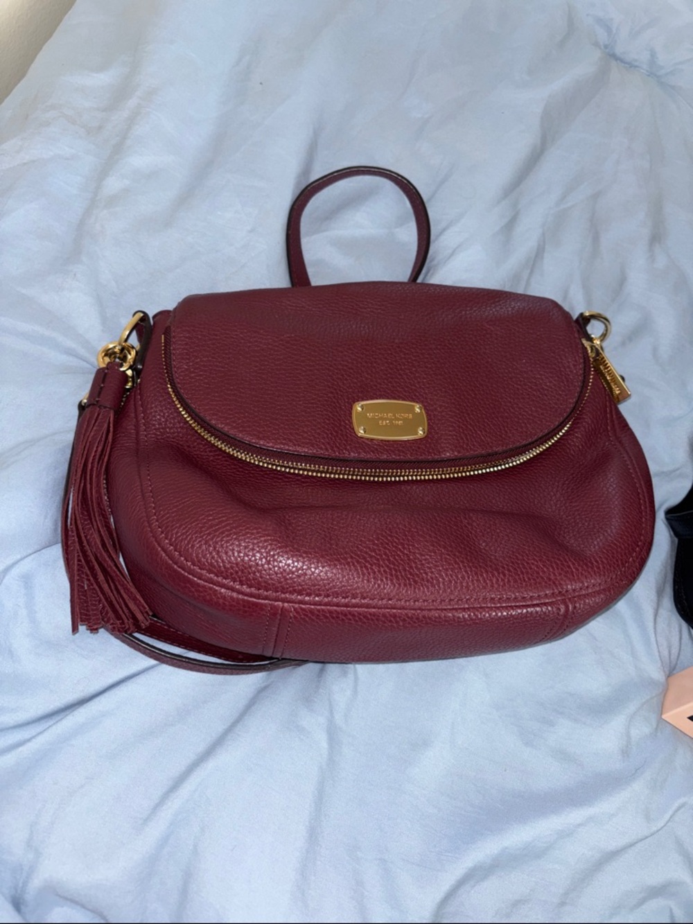 Michael Kors Burgundy Leather Crossbody with Tassel and Gold harwear